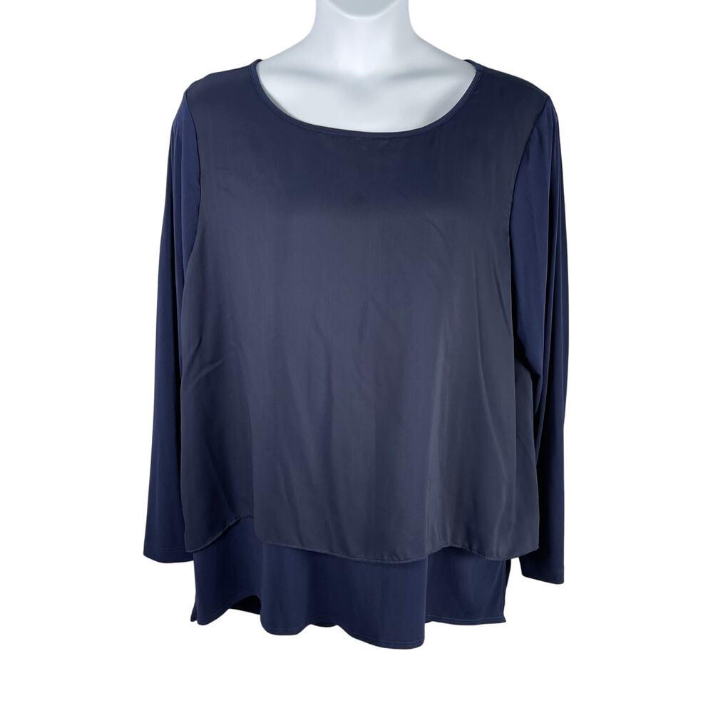 Paula Deen Blouse Womens Plus 2X Navy Chiffon Overlay Split Back Tunic Top
